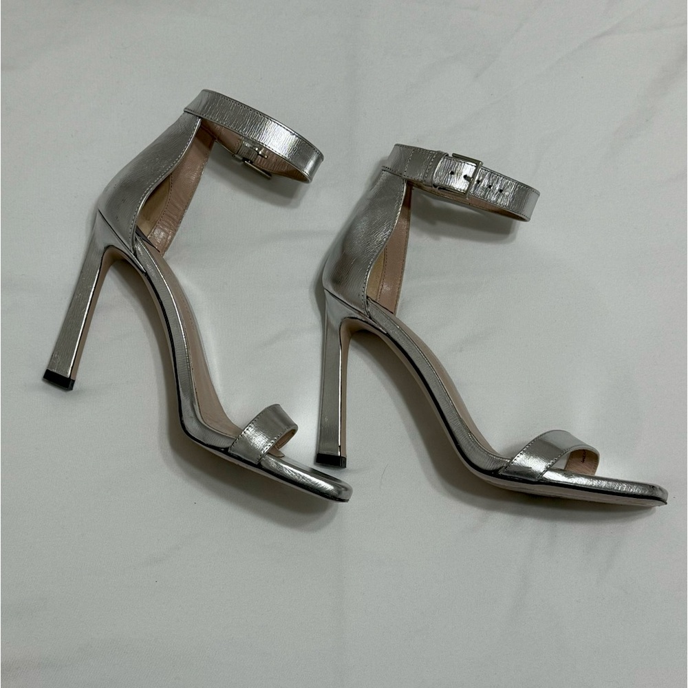 Stuart Weitzman Metallic Silver Ankle-Strap Stiletto Sandals